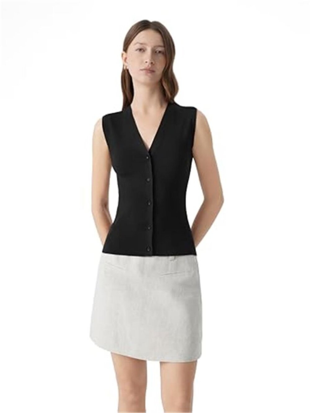 Women's Sleeveless Sweater Tops Summer V Neck Button Down Vest Top - Picture 5 of 5